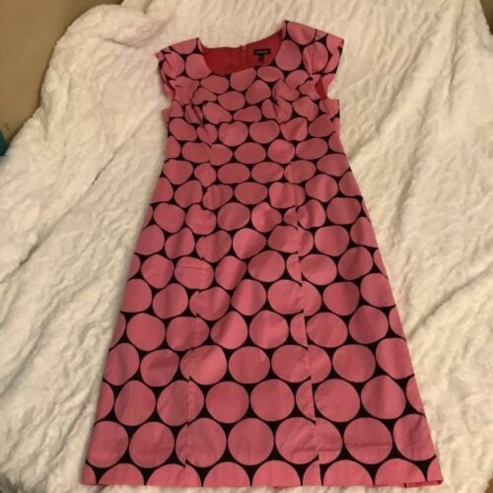 J.Peterman Cap Sleeve Midi Sheath Dress Lg Polka Dot Women's Sz  4 Pink/Navy -SI